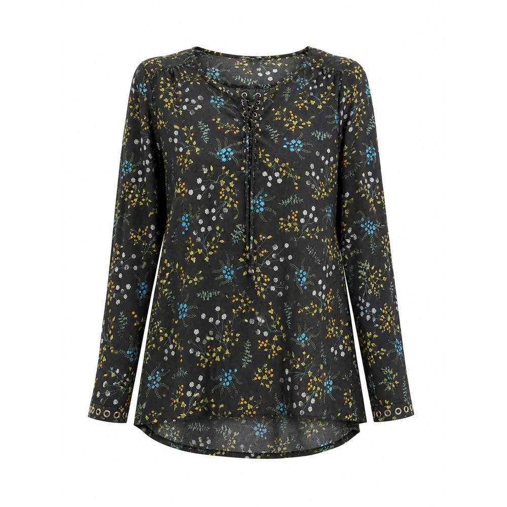 Ruff Hewn Grey Womens XL Black Floral Lace Up Grommet Long‎ Sleeve Blouse Top